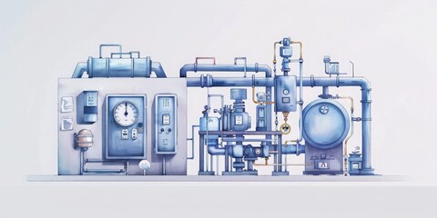 Poster -  A Detailed Illustration of Industrial Machinery with Complex Piping and Measurement Instruments, Generative AI