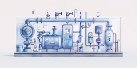 Poster -  A Detailed Illustration of Industrial Machinery with Complex Piping and Measurement Instruments, Generative AI