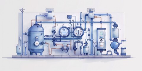 Poster -  A Detailed Illustration of Industrial Machinery with Complex Piping and Measurement Instruments, Generative AI
