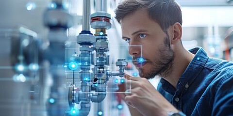 Poster - Engineer with a Steely Gaze Monitors Complex Industrial Systems Using Advanced Digital Interface Technology in a Modern Setting, Generative AI