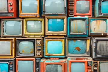vintage televisions stacked in colorful array