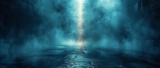 Poster - Wet asphalt and rays reflected in the water. Abstract dark blue background, smoke, smog. Empty dark scene with neon lights and spotlights. Concrete floor.
