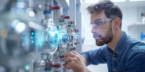 Poster - Engineer with a Steely Gaze Monitors Complex Industrial Systems Using Advanced Digital Interface Technology in a Modern Setting, Generative AI