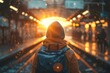 A person is seen from behind walking along train tracks towards a setting sun, evoking a sense of journey, adventure, and the unknown