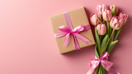 Canvas Print - An isolated pastel pink background with copyspace is used to illustrate a stylish pink giftbox with ribbon bow and tulips on Mother's Day.