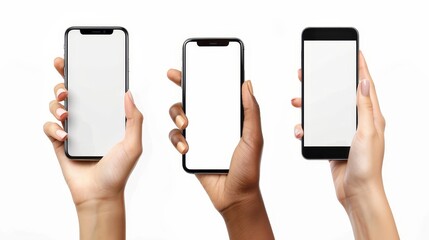 Leinwandbilder - Isolated set of hands holding smartphones with blank screens presented in different orientations. Black lady with cell phone, browsing the web, presenting free copy space.