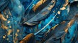 An abstract artistic background. An illustration of feathers, blues and gold brushstrokes. A textured background in oil on canvas. Modern art. grey, wallpaper, poster, card, mural, print, wall art.
