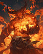 illustration of an evil muscular demon with a lot of fire around him 