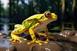 a yellow and green frog on a rock