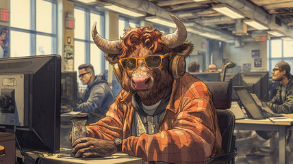 illustration of a Bison working in an office cubicle among human coworkers