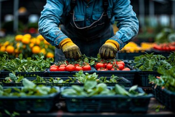 Poster - A diligent farmer in protective gloves picks ripe red tomatoes, surrounded by lush green plants in a well-maintained farm