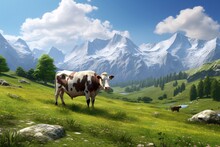 a cow standing on a grassy hill with mountains in the background