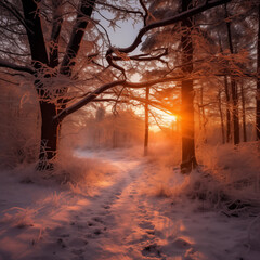 Wall Mural - winter forest with sun rays
