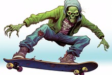 A Cartoon Of A Skeleton On A Skateboard