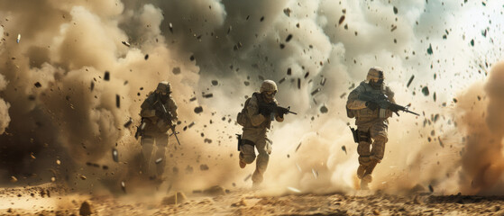 Wall Mural - Soldiers sprinting through an explosive battlefield, enveloped in dust and debris.