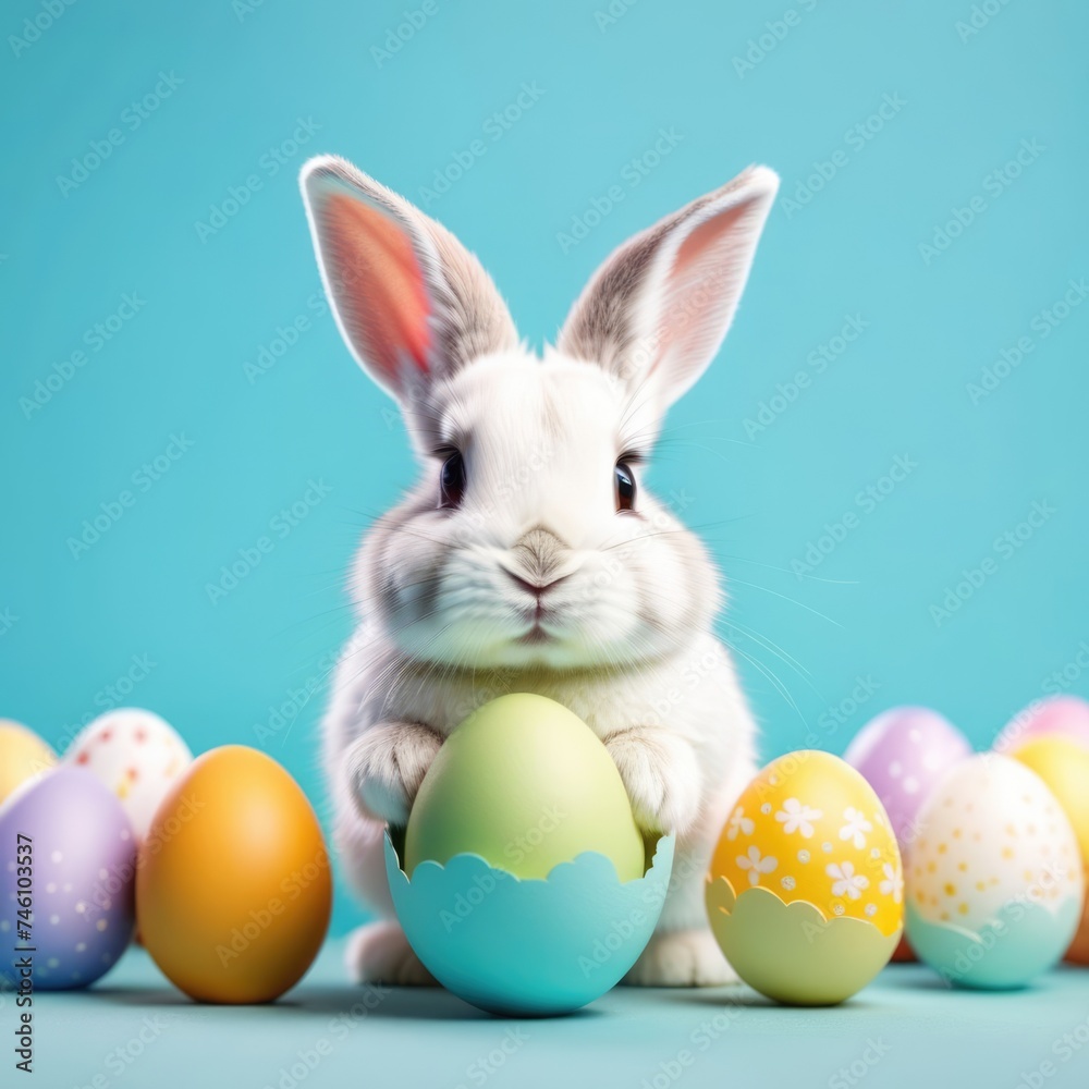 Easter banner with cute Easter bunny hatching from pastel color Easter egg on pastel color background. Illustration of Easter rabbit sitting in cracked eggshell. Happy Easter greeting card.Copy space.