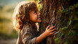 a child hugging a tree, concept of taking care of nature, ecological concept
