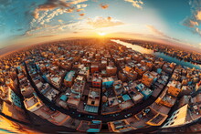 A cityscape transformed into a mesmerizing panorama by a fisheye lens at sunset