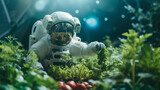 Fototapeta Kwiaty - An astronaut gardening in the spaceship. Concept of: ecological, new worlds and new life, exploration and science