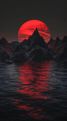 Wall Mural - Ocean and Red Sun Wallpaper: Sci-Fi Inspired Mountainous Vistas with Photo-Realistic Landscapes in Dark Silver and Black, Symmetrical Design