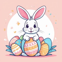 Wall Mural - Easter banner with cute Easter bunny hatching from pastel color Easter egg on pastel color background. Illustration of Easter rabbit sitting in cracked eggshell. Happy Easter greeting card.Copy space.