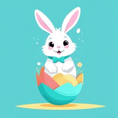 Wall Mural - Easter banner with cute Easter bunny hatching from pastel color Easter egg on pastel color background. Illustration of Easter rabbit sitting in cracked eggshell. Happy Easter greeting card.Copy space.