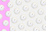 Fototapeta Lawenda - Pattern made with clock dials and golden details on bright pink background. Creative minimal art. Flat lay. Copy space. Minimal composition. Minimal wallpaper.