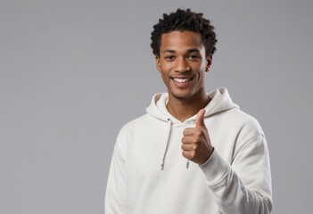 Wall Mural - Young man with a bright smile giving a thumbs up. Relaxed in a white hoodie.