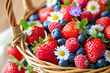 a basket of fresh strawberries and blueberries with flowers