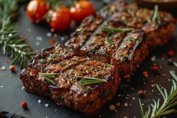 Delicious grilled steak seasoned with fresh herbs, spices, and garnishments, presented on a dark slate surface