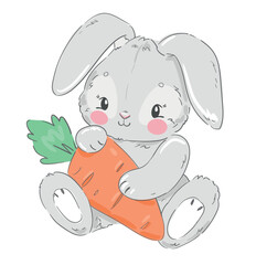 Cute gray rabbit holding a carrot isolated on white background. Childish vector illustration. Bunny Print design for kids textiles.