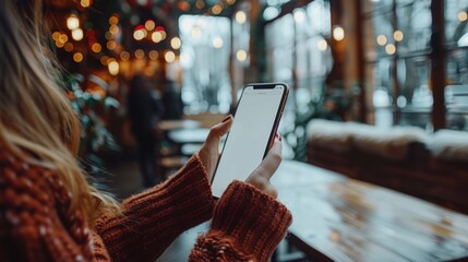 Mockup image of a woman's hand holding a phone with a blank white screen in a cafe