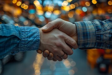 A close-up shot capturing a firm handshake between two individuals, symbolizing trust and agreement amidst an out-of-focus urban backdrop