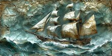 An Artistic Embossed Painting Of A Majestic Sailboat Braving The Stormy Sea, Generative AI