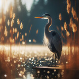 Fototapeta  - Great Blue Heron Sea Bird Wild Animal, Ardea Herodias Perched Standing on Water Dock with High Dry Tall Grass & Pine Trees Limb Growing Behind it Bokeh Background Ready for Summer Flight Wide Wings