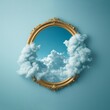 Vintage golden frame with sky clouds entering inside. Futuristic immersive reality background.