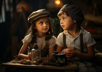 A boy and a girl are sharing a fun art event, sitting at a table looking up