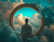 Young man looking at the cloudy sky inside a circular frame. Plans for the future conceptual background.