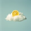 Slice of lemon surrounded by clouds. Summertime, sunny vibes background.