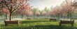 the peach blossom season in a park adorned with simple and natural wooden benches, nestled under the blooming peach trees, with lush green grass creating a picturesque setting.