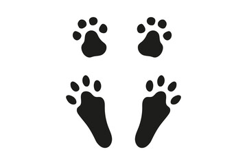 Wall Mural - Rabbit or hare paw footprints. Paw prints of Easter Bunny. Black silhouette isolated on white background. Concept of animal tracks. Icon, symbol, print, postcard, booklet, pet store, zoo