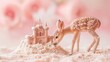 An enchanting image of a young deer examining a sandcastle, surrounded by a dreamy pink floral backdrop