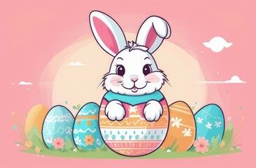 Wall Mural - Easter banner with cute Easter bunny hatching from pastel color Easter egg on pastel color background. Illustration of Easter rabbit sitting in cracked eggshell. Happy Easter greeting card.Copy space.