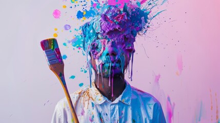 Aufkleber - A vivid image captures a person splattered with a spectrum of paint, suggesting a moment of creativity or artistic breakthrough