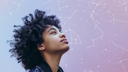 Wall Mural - A mysterious individual with a star-studded sky and constellations seamlessly blended with their natural hair
