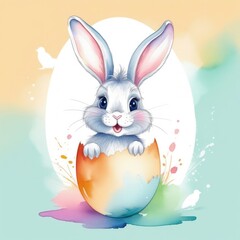 Wall Mural - Easter banner with cute Easter bunny hatching from pastel color Easter egg on pastel color background. Illustration of Easter rabbit sitting in cracked eggshell. Happy Easter greeting card.Copy space.