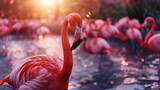 Fototapeta  - Group of Greater flamingos standing in water at sunset