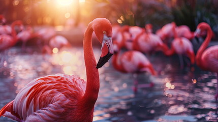 Wall Mural - Group of Greater flamingos standing in water at sunset