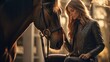 A woman gently stroking a horse outdoors. Concept of horse riding, animal care, nature bonding, equine therapy, and equestrian sports.