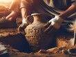 Archäologe untersucht eine antike Vase bei einer archäologischen Ausgrabung in der Wüste
